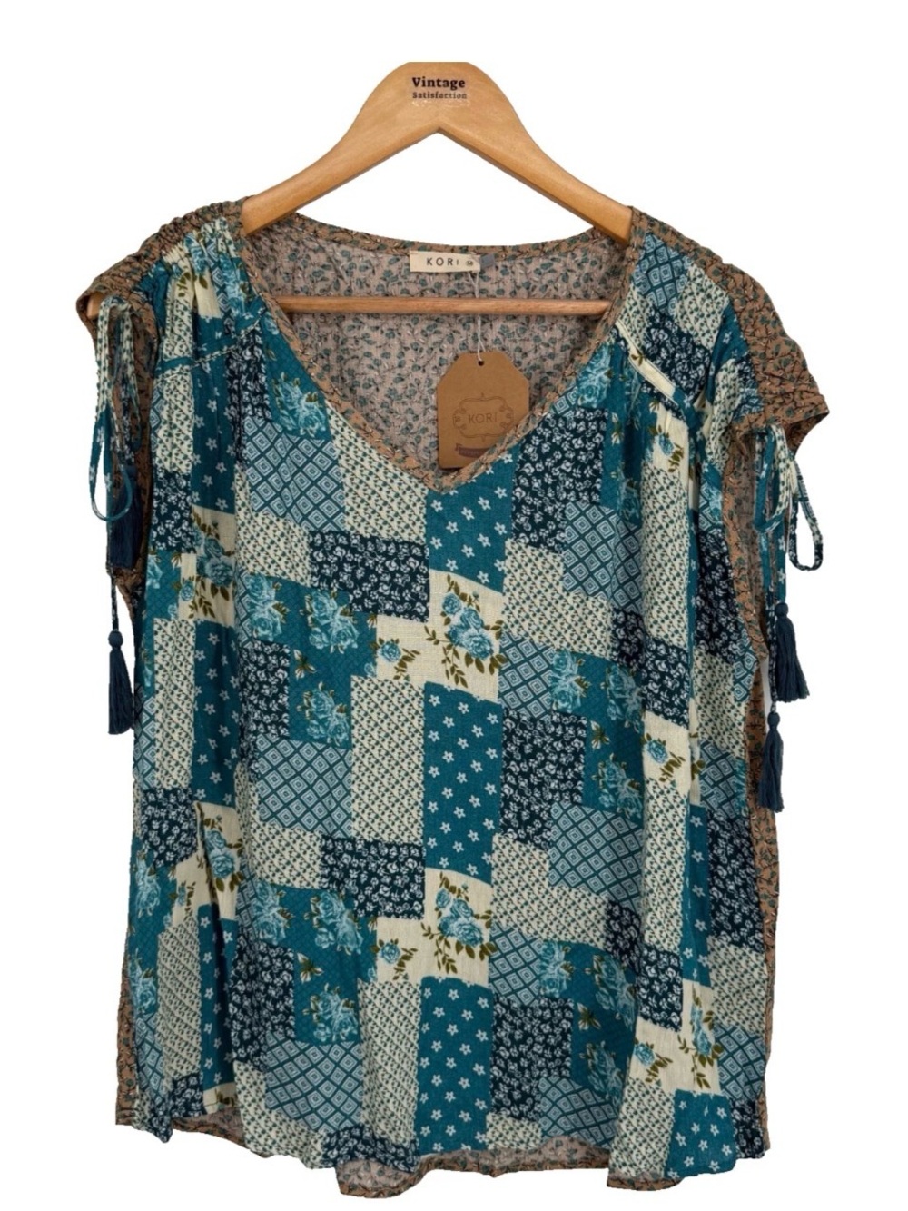 Kori Teal Patchwork V-Neck Tassel Boho Blouse (NWOT)